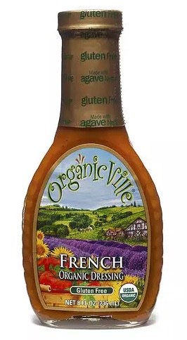 photo of organic vegan french dressing by organic ville brand packaged in glass bottle with screw on cap and colorful paper label