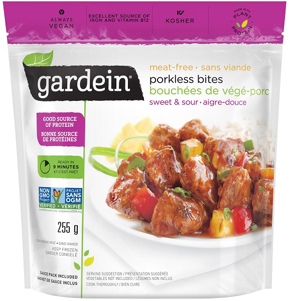 photo of gardein brand non gmo sweet and sour flavor vegan pork cubed plant based pork