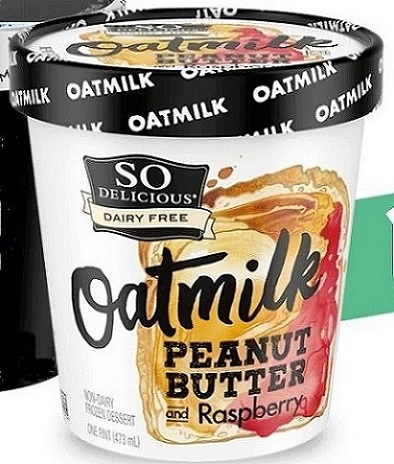 photo of so delicious brand peanut butter and raspberry oat milk ice cream plant based ice cream