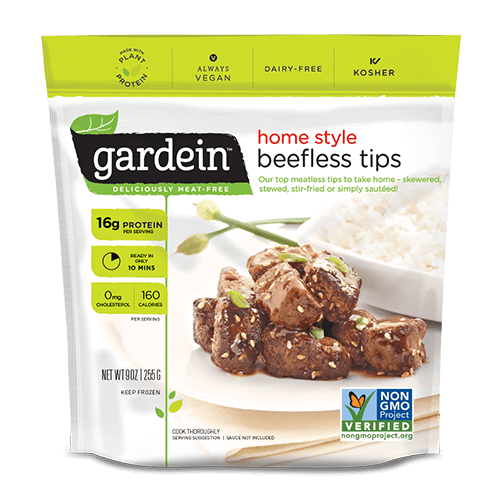 photo of non gmo vegan steak cubed by gardein brand plant based steak called beefless tips></center>

<div class=