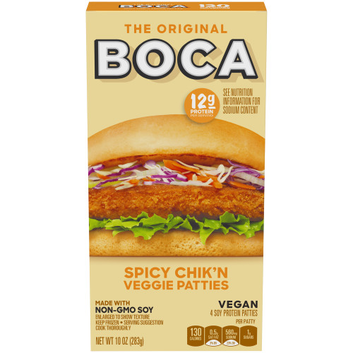 photo of boca brand non gmo vegan spicy breaded chicken patties plant based spicy breaded chicken patties