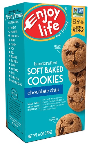 photo of enjoy life brand of non gmo vegan chocolate chip cookies plant based chocolate chip cookies