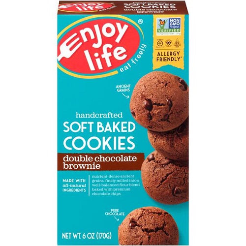 photo of enjoy life brand of non gmo vegan double chocolate brownie cookies plant based double chocolate brownie cookies