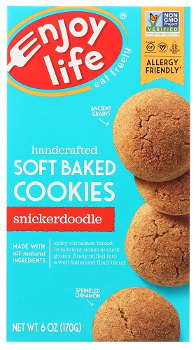 photo of enjoy life brand of non gmo vegan snickerdoodle soft baked cookies plant based vegan snickerdoodle cookies
