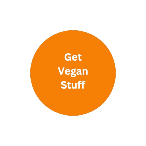 orange circle button labled get vegan stuff with link to vegan products