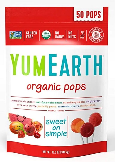 photo of yum earth brand organic vegan lolli pops organic plant based lolli pops