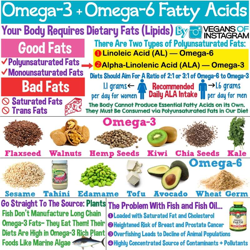 photo graphic by vegans of instagram of vegan foods with omega-3 and omega-6 fatty acids omega-3 foods are flaxseeds walnuts hemp seeds kiwi chia seeds kale omega-6 foods are sesame tahini edamame tofu avocado wheat germ