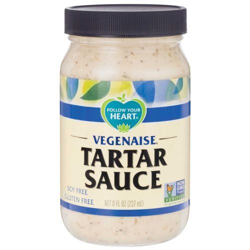 photo of vegan tartar sauce by follow your heart brand packaged in glass jar with black screw on plastic cap and blue and cream paper label