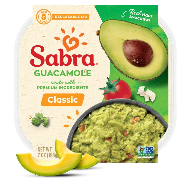photo of vegan guacamole by Sabra in a hard plastic packaging covered partially with cream and green thick paper cover