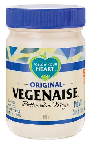 photo of organic vegenaise mayo by follow your heart in glass jar with blue plastic screw on cap and blue and cream paper label