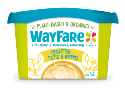 picture of wayfare butter in its neon green blue and white hard plastic container packaging