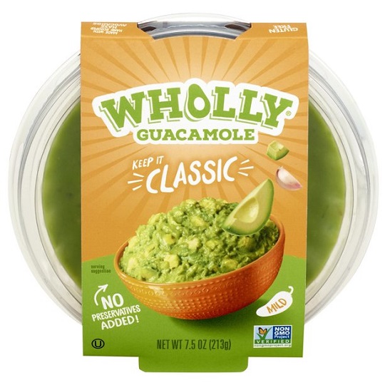 picture of wholly guacamole in clear hard plastic container packaging covered partially with tan and green thick paper cover