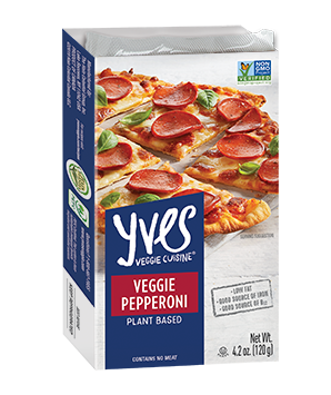 photo of yves brand non gmo vegan pepperoni slices plant based vegan pepperoni slices